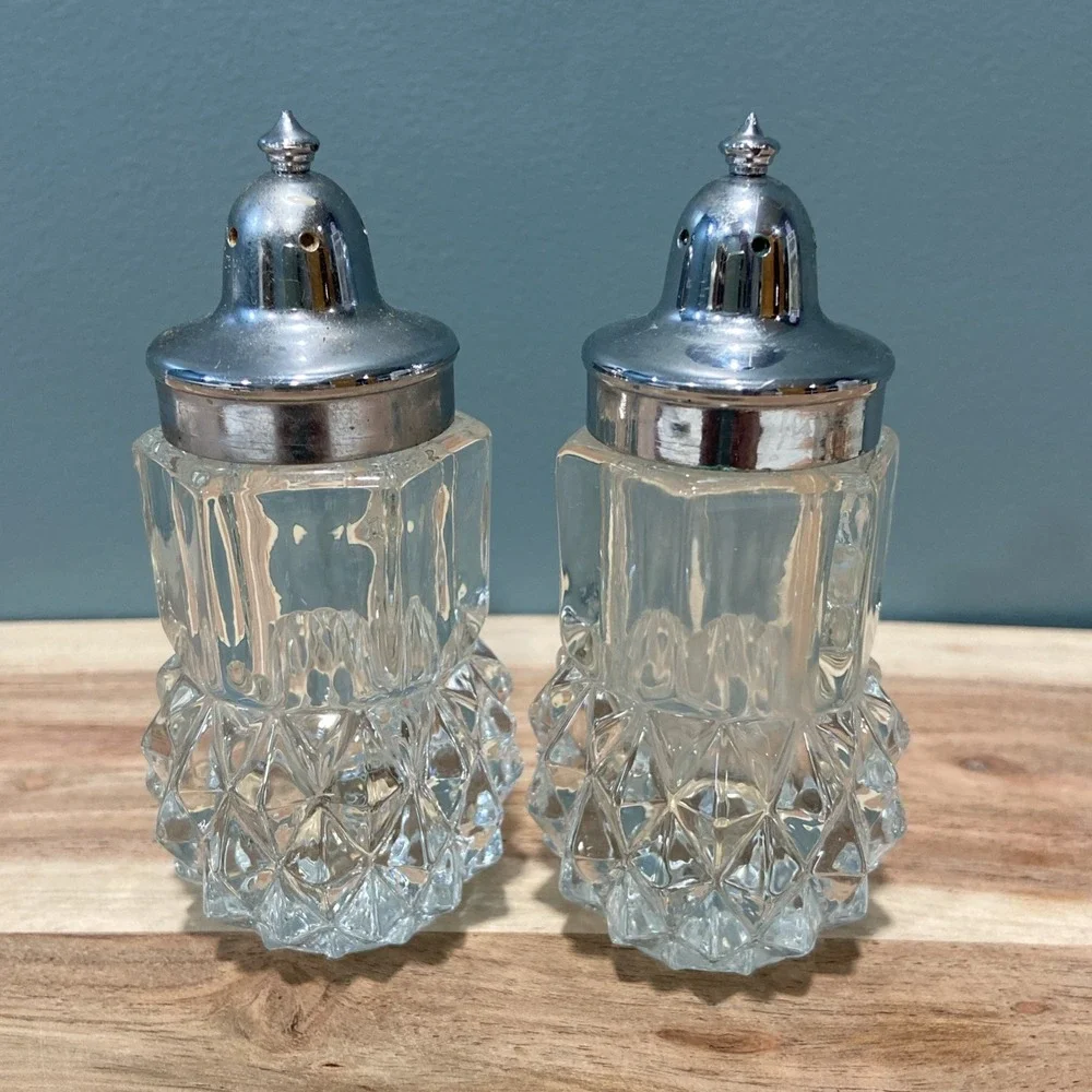 Indiana Glass Diamond Point Chrome Plated Glass Salt & Pepper Shakers 3.75